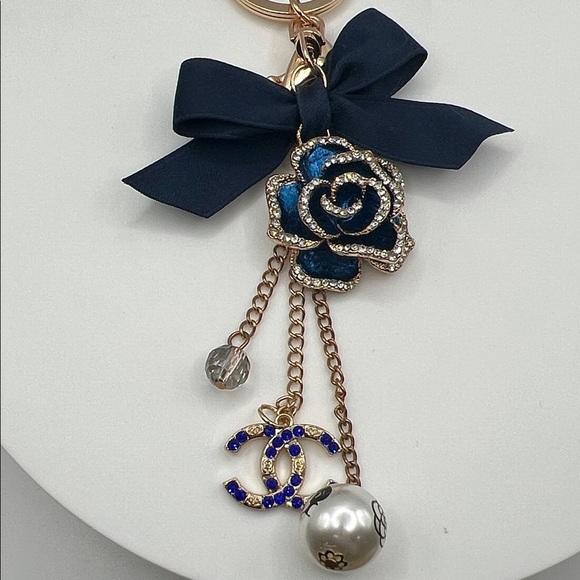 521. Blue and Gold Rose Keychain with Designer Charm